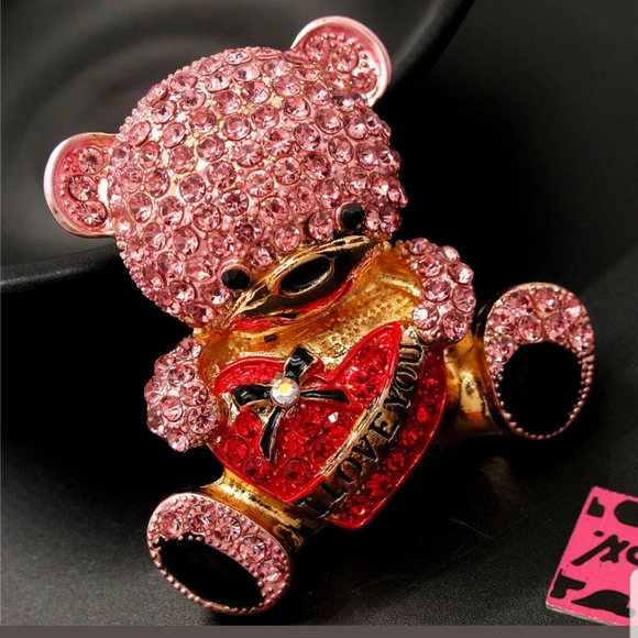 NEW-Pink Crystal, "I Love You" Bear, Brooch Pin - Picture 2 of 3